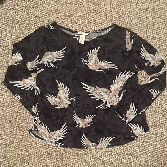H&M Black Top with White and Cream Bird Pattern - Picture 1 of 4